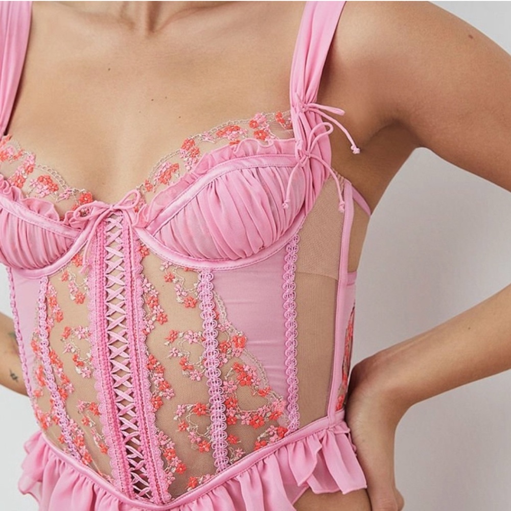 For Love and Lemons Love Bouquet Hot Pink Embroidered Bustier Corset